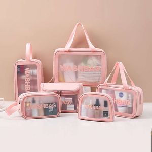 Women Travel Portable PVC Cosmetic Wash Bags Pink Waterproof Transparent Display Zipper Hand Pouch Washbag For Toner Bottle Skincare Makeup Lipstick Storage Cases