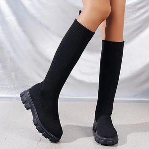 Boots Brand Woman Long Knitting Sock Knee High boots Chelsea Chunky Platform Shoes Autumn Winter Ladies Footwear Slip On 231005