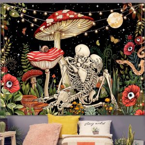 Tapestries Mushroom Skull Tapestry Wall Hanging Skeleton Floral Aesthetic Room Decor Trippy Plant Nature Art Bedroom Decoration 230928