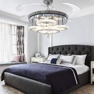 42 Inch LED Ceiling Fans Retractable Blades Modern Crystal Chandelier Fan with 3 Changing Colors for Bedroom living Room el228J