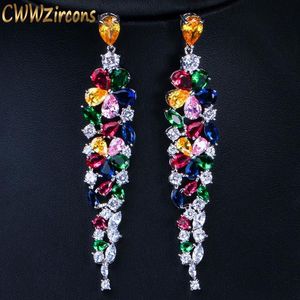 CWWZircons Multi colore a forma di fiore Dichiarazione Cubic Zirconia Orecchini pendenti lunghi Moda Sposa Gioielli per feste di nozze CZ422 220282N