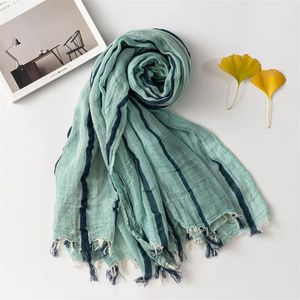 Lenços estilo coreano japonês unisex algodão lenço de linho moda listrada praia masculina mulheres longo xale pashmina masculino bufandas 230928