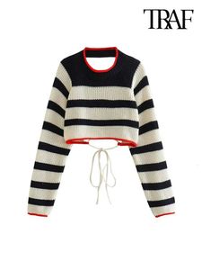 Women's Sweaters TRAF Women Fashion Backless With Tied Striped Crop Knit Sweater Vintage O Neck Long Sleeve Female Pullovers Chic Tops 231005