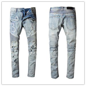 Jeans da uomo strappati di alta qualità Big B Better Men Biker Retor Fit Motociclista Piante Button Jean s Whole Slim-leg Denim Pant3108