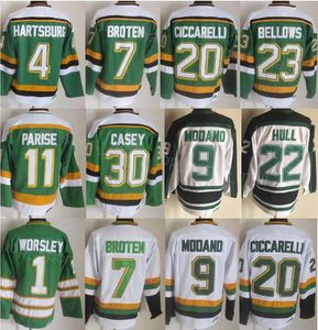 Erkekler Retro Hokey 9 Mike Modano Jersey CCM Emekli 7 Neal Broten 23 Brian Bellow 4 Craig Hartsburg 20 Dino Ciccarelli 1 Gump Worsley 11 JP Parise 30 Jon Casey Vintage