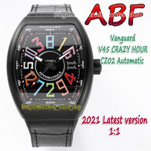 ABF New Crazy Hour Vanguard CZ02 Автоматические механические 3D арт-деко с арабским циферблатом V45 Мужские часы PVD Черный стальной корпус Кожа eternity245Q