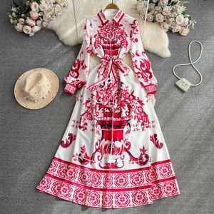 Basic Casual Dresses Designer Runway Red Blue and White Porcelain Print Dress Women's Lapel Lantern Sleeve Bow Sashes Elegant Long Party Vestidos 2024