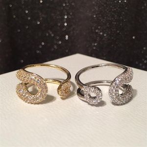 Sparkle On Luxury Designer Full Diamonds Zirconia Copper Geometric Band Ring for Women Girls Open Justerbar Gold Silver218m