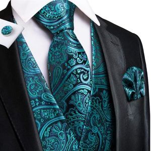 Kamizelki męskie hi-tie turkusowy zielony kwiatowy Paisley Silk Men Slim Caistcoat Set For Suit Dress Wedding 4pcs Vest Hanky ​​Cuffl197o