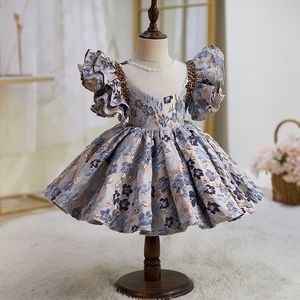 Pérolas lantejoulas cetim vestidos da menina de flor jóia pescoço arco puff princesa vestidos de baile para festa de aniversário de casamento brilhante bling bebê meninas toddlder pageant vestido