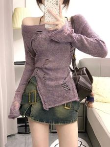 Женские свитера Y2K, женские корейские винтажные повседневные вязаные свитера Acubi Purple, Эстетические свитера с длинными рукавами, трикотажные пуловеры Gyaru в стиле гранж, одежда 231005