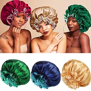 Beanie Skull Cap Beauty Satin fodrad Bonnet Sleep Night Cap Elastic Double Sided Layer Head Cover Hat For Long Curly Springy Hair Styling 231005
