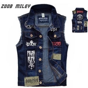 Clássico vintage masculino jeans colete sem mangas jaquetas moda remendo projetos estilo punk rock rasgado cowboy desgastado denim colete tan215z