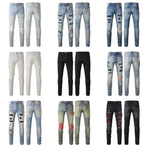 Mens Designer Jeans para Mens Calças Homem Preto Skinny Rip Branco Patch Denim Biker Snake Bordado2145