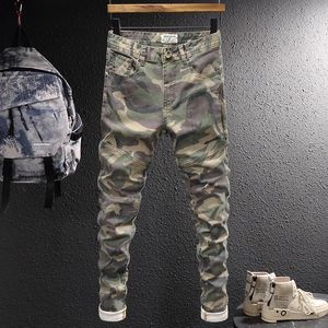 Mens Jeans Street Moda Homens Camuflagem Elastic Stretch Slim Fit Remendado Exército Verde Zipper Bolso Designer Hip Hop Calças 231005