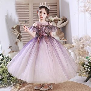 Фиолетовая блестящая роскошная цветочная девушка платья с кружевными кристаллами из бисера