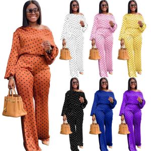 Women Clothes 2023 Fashion Dot Printed Long Sleeve Shirt And Trousers Luxery Casual Loose Diagonal Shoulder Purple Chic New Lady Suit Plus Size S-4xl