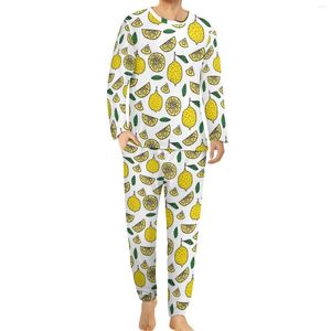 Herren-Nachtwäsche, Zitronen-Pyjama, Herbst, 2-teilig, Essen, Obst, Blatt, trendige Pyjama-Sets, Mann mit langen Ärmeln, Heim-Grafik-Anzug, große Größe 4XL 5XL