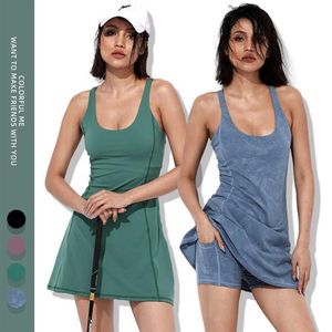 Vestido de yoga nu cor sólida terno saia de tênis feminino shorts conjunto de duas peças anti luz badminton vestido de fitness com ches239w