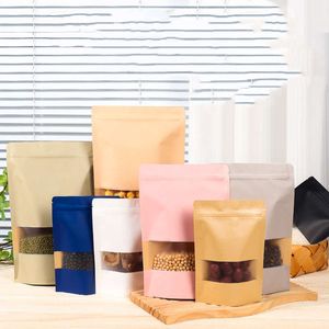 Färgglada rosa blå Kraft Paper Bags Clear Window Zipper Retail Mylar Stand Up Pouch For Cookies Snack Candy Coffee Bean Powder Nuts TEA Seeds Presents Packaging Storage