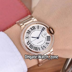 Mode nytt 36mm datum wjbb0005 vit urtavla Seagull Automatisk kvinnoklocka Diamond Bezel Rose Gold Armband Ladies Watch Watch Zon292L