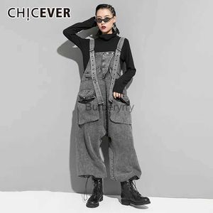 Women's Jumpsuits Rompers CHICEVER Casual Denim Jumpsuits For Women Overalls Square Collar Sleeveless Designer Black Full Length Pant Female 2020 ClothingL231005