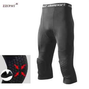 Men's Safety Anti-Collision Pants Basketball Training 3 4 Tights Leggings With Knee Pads Protector Sports Compression Trouser325P