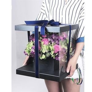 Present Wrap 30cm Högklassig koreansk Pure Color Round Flower Paper Boxar med lock Hug Bucket Florist Packaging PVC Box253E