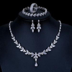 Bröllopsmycken set Ekopdee Luxury Brilliant Cubic Zirconia Necklace Set örhängen ringer kvinnor CZ Light Drop Bridal Wedding Jewelry Set 231005