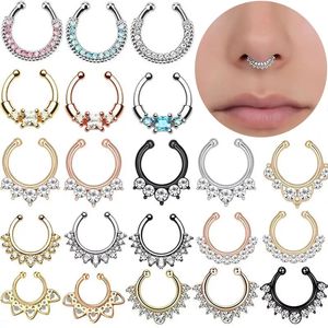 Nose Rings Studs 12Piece Stainless Stell Fake Nose Ring Septum Piercing Jewelry Crystal Fake Septum Piercing Ring Bulk Faux Nose Piercing Lot 231005