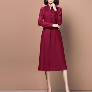 Casual Dresses Elegant Winter Wool Dress Women Slim Vintage Retro A-Line Burgundy Long Fashion Ladies Formal Business Work Wear Cl319S