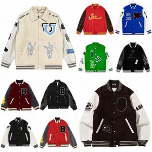 FW Designer Mens Varsity Kurtka baseballowa odzież wierzchnia odzież wełniana polar Flocking skórzane kurtki do haftowania pojedynczych piersi pary mundur