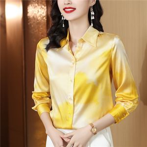 Moda de luxo seda cetim amarelo camisa manga longa feminina designer botão acima blusas 2023 outono inverno lapela tie-dye camisas escritório senhoras simples moda runway topos