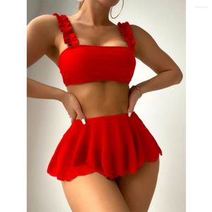 Mulheres Swimwear 2023 Vermelho Swimsuit Mulheres Sexy Cintura Alta Saia de Três Peças Biquíni Ruffle Suspender Peito Envoltório Verão Praia Banheira Terno