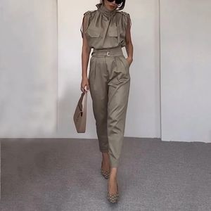 Women's Two Piece Pants BEACHBELE Women Two Piece Sets Summer Sleeveless High Neck Pullover Vest Nipped Waist Tie-up Pants Sets Grey Outfit With Pocket 231005