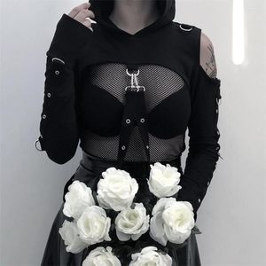 Women's Hoodies Y2K Streetwear Gothic Sexy Hollow Out Black Harajuku Punk Long Sleeve Crop Women Hip Hop Belt Autumn