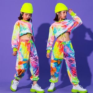 Roupas de hip hop multicolorido moletom calças causais para meninas jazz dança de salão roupas palco rave sets3006