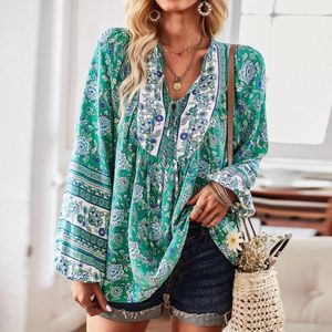 Camicette da donna Bohemian Stampato a maniche lunghe Nappa Top Retro scollo a V Autunno Casual Allentato Rayon Camicetta Blusas A Rayas Para Mujer