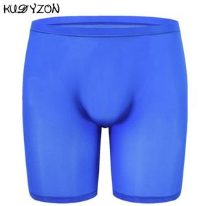 Underbyxor is silk långa män boxare låg midja fast underkläder shorts ben boxare sexig u pouch202e