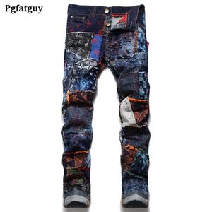 Colorblock Patchwork Men's Jeans Spring Autumn Spliced ​​Ripped Denim Pants Man Fashion Slim Colored Patch Straight Trousers P271C