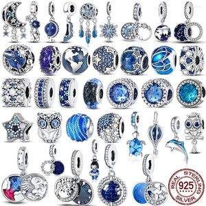 Pingente colares prata 925 série azul contas caber pulseira pulseira diy design original estrela lua galáxia encantos para jóias fazer