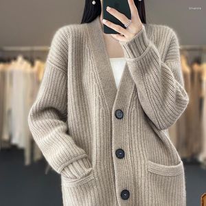 Women's Knits Autumn/Winter Wool Apparel Coat Knitted V-neck Solid Color Stripped Cardigan Soft And Versatile Blouse