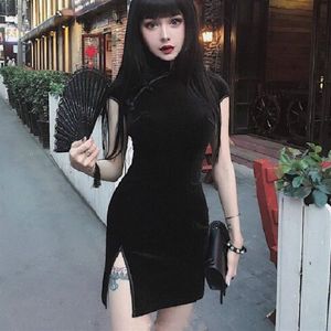 2018 Summer Velvet Women Chinese Cheongsam Retro Harajuku Sexy Stide Dress Black Pink C18111901228S