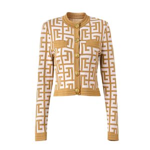 BA001 Yüksek kaliteli kadınlar bahar vintage jacquard yastıklı omuz o boyun örgü kısa hırka kazak ceketi