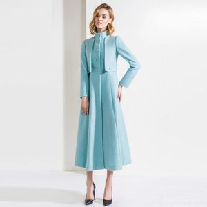 Women's Wool Blends Fashion Autumn And Winter Standup Collar Extended Woolen Coat Waist Closed Thin Light Blue 231006