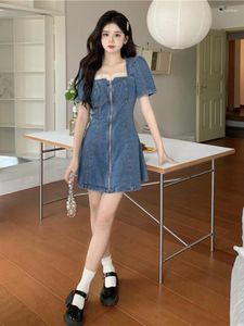 Party Dresses Houzhou denim Korean Fashion Mini Dress for Women 2023 Summer Vintage Sweet Kawaii Lace Square Collar A-Line Short Female