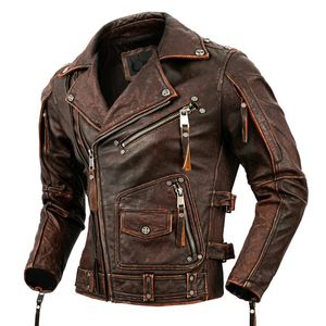 Designer Motorcycle Cowhide Genuine Leather Jacket Men Slim Retro Jacket Calfskin Leather Coat Mens Moto Biker Riding Clothes