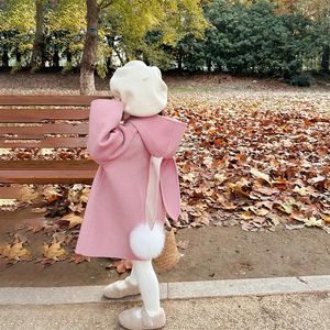 Coat Little Girls Hooded Woolen Jackets Winter Kids Reversible Wool Cute Rabbit Children Clothing Long Style Coats 231008