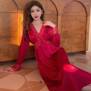 Women's Sleepwear Princess Style Lace Patchwork Bathrobe Silk Satin Home Dressing Gown Women Lingerie Nightwear Long Elegant Nightgown