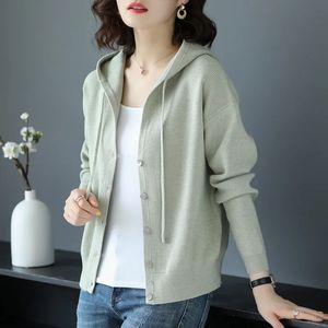 Kvinnors stickor Tees Spring Clothes Women Sticked Cardigan Korean Fashion Casual Long Sleeve Top Button Up Hooded Knitwears Sweater Coat 231006